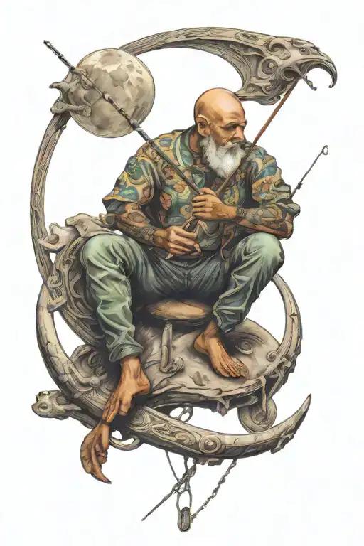 Man Sitting On Crescent Moon With Fishing Pole Celestial