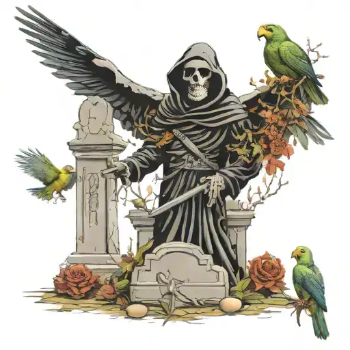 Graveyard With Grim Reaper With 2 Parakeets Flying Around