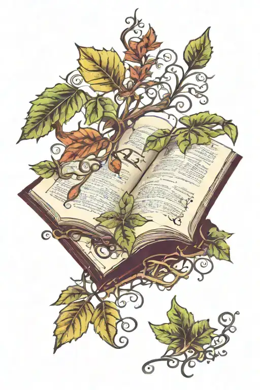 Open Book With Leaves And Vines Growing Up Out Of It