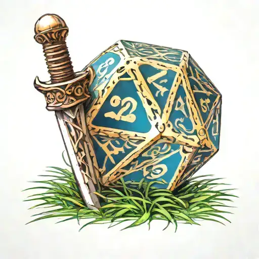 20 Sided Dice Showing The 20 With A Sword In The Top Of It And It Is Laying In Grass