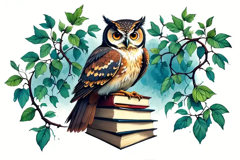 Owl Perched Atop A Stack Books Vines
