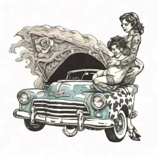 Pregnant Lady Sitting On A Vintage Chevy Car With A Newborn Baby In Her Arms