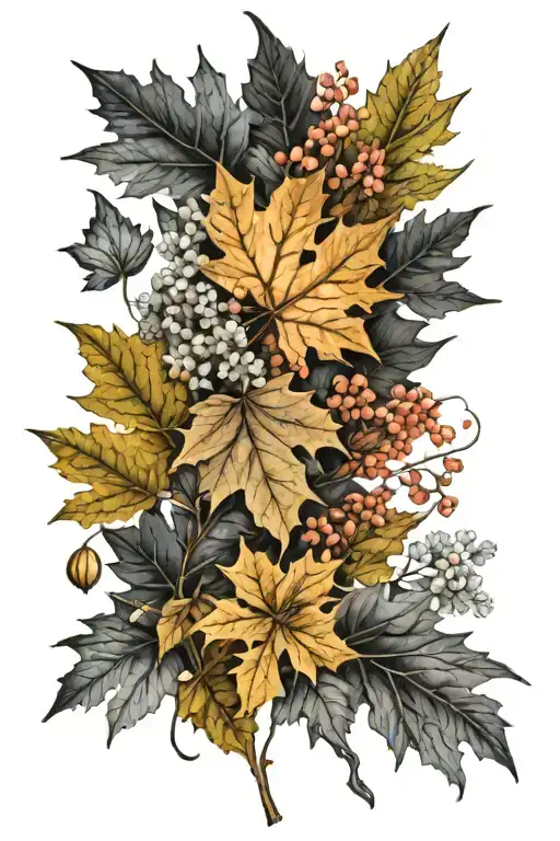 Black And Grey Maple And Oak Leaves With Colorful Wild Flowers