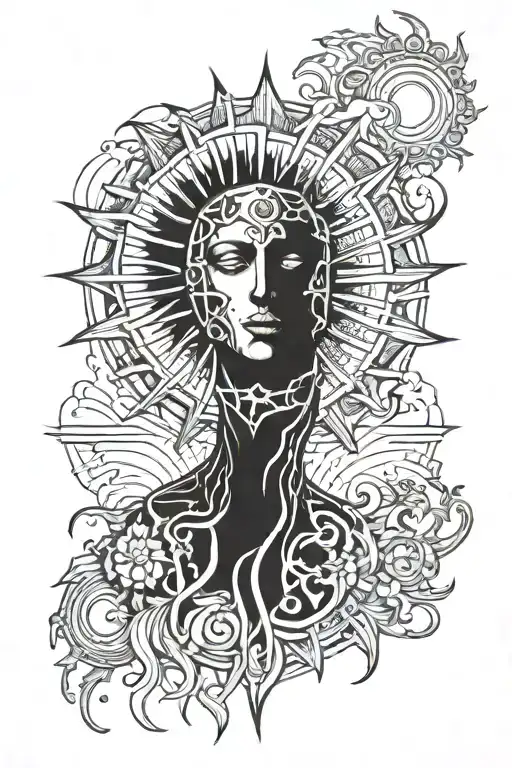 Sun Gothic With No Face Tattoo For The Shoulder With Geometric Filling Up To The Forearm