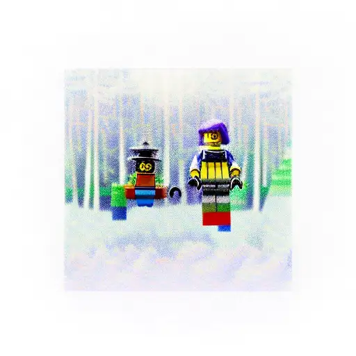 A Spacecraft Made Out Of Lego Bricks Flying Through A Forest Filled With Musical Notes