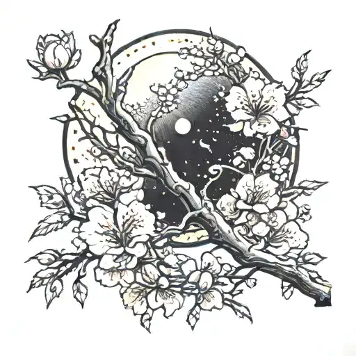 Sakura Branch With Flowers And Moon In Background