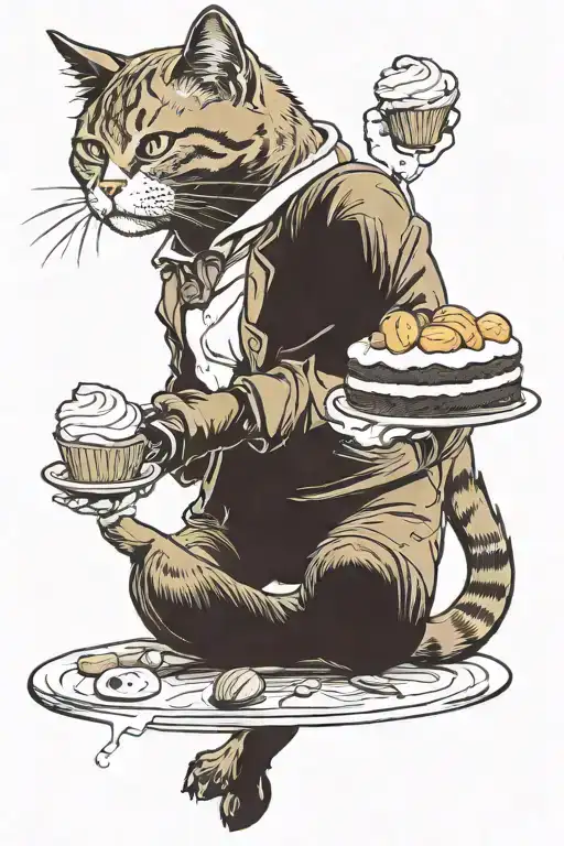 Pants-wearing Cat Holding A Cake In One Hand And A Potato In The Other Hand