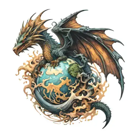 World Split In Half With Dragon Flying Around It Carrying A Human Baby On Each Wing