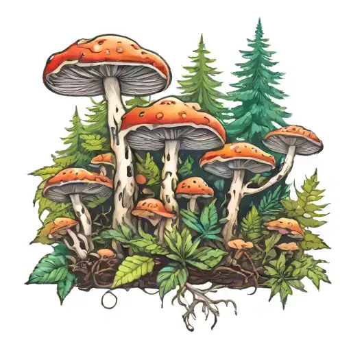 Forest With Psilocyin Mushrooms And Cannabis