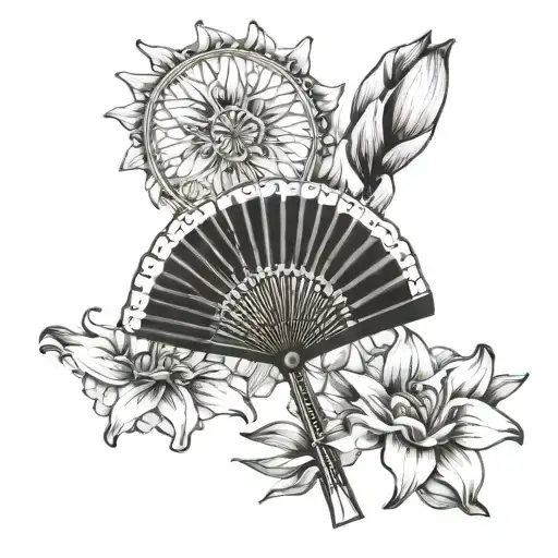Hand Fan And Lily Flower And The Sun