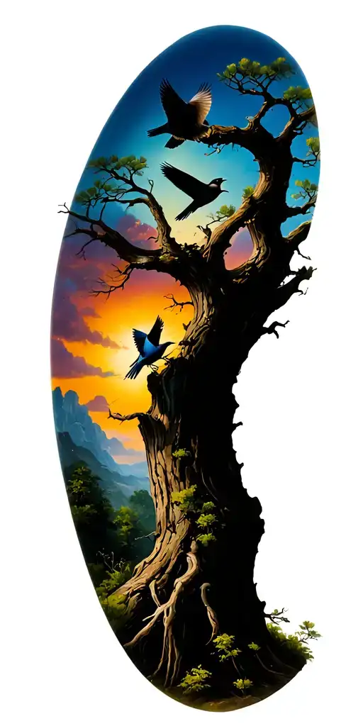 Tree With 3 Birds Flying