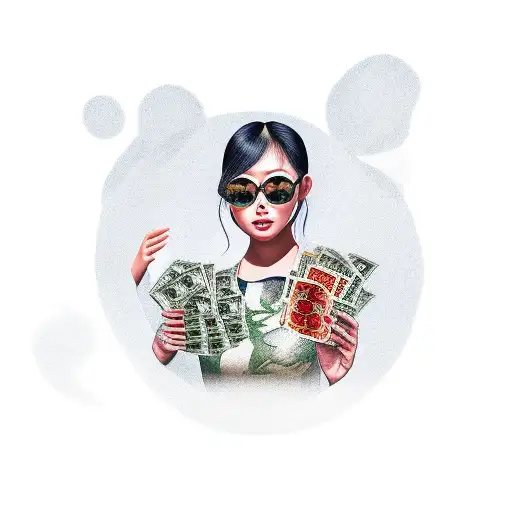 Asian Woman Surrounded By Money And Skulls