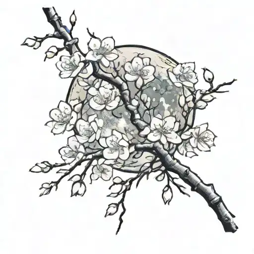 Sakura Branch With Flowers And Moon In Background