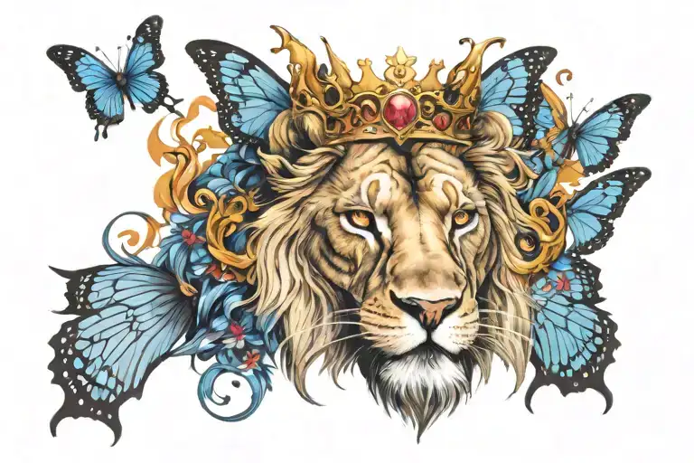 Roaring Lion With Crown On Top Of Head And Butterfly On Top Of The Crown Surrounded By Fire