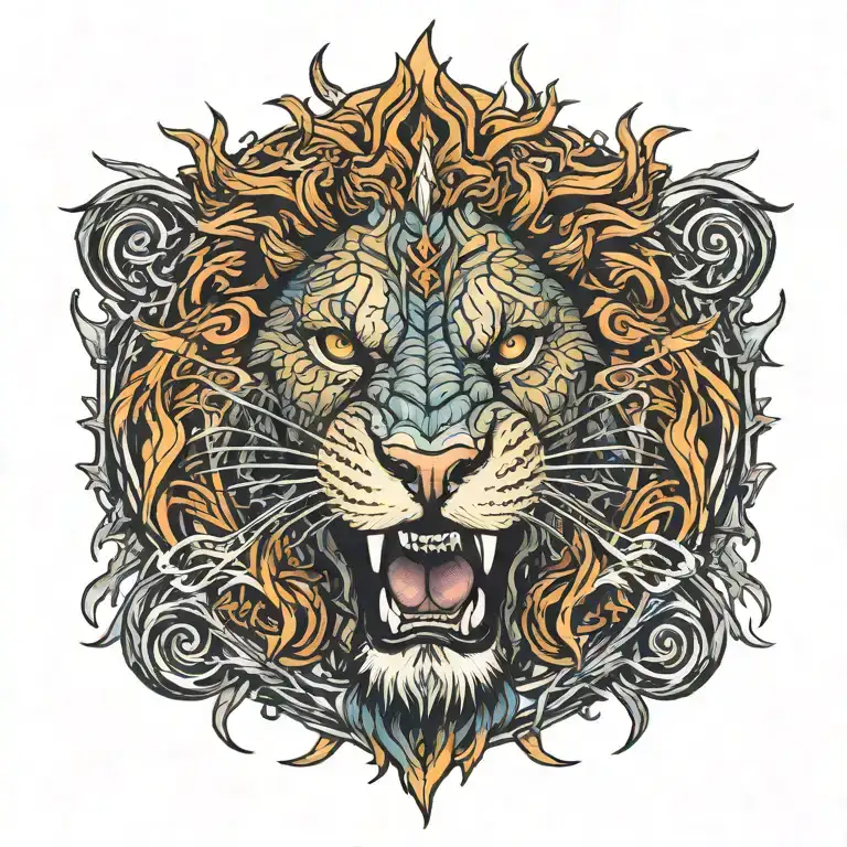 Lion Biting Lightning Bolt Striking