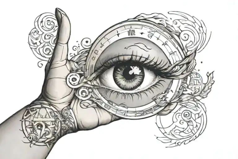 A Circle Around Hand With An Eye And Background Is Sky