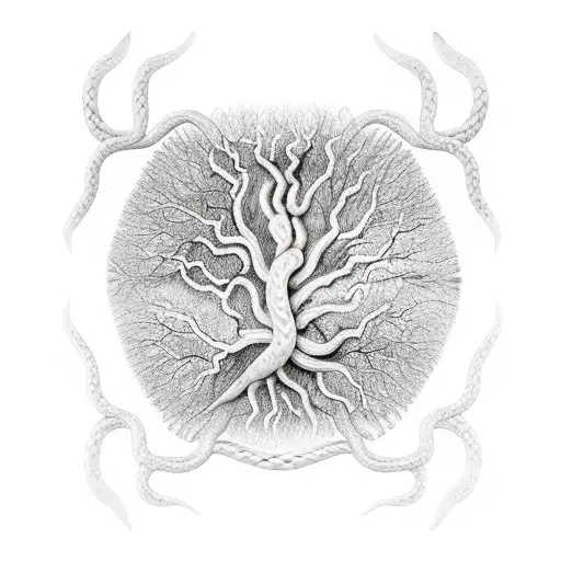 Black And White Tree Of Souls With Snake Intertwined In Leaves