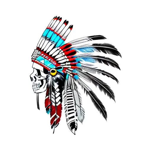 Native American Headdress On A Skull With Lots Of Feathers