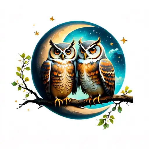 Owls Sitting On Crescent Moon
