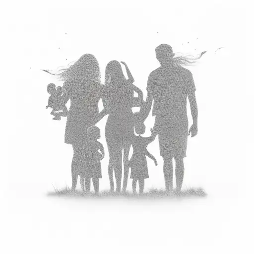 Family Of 4 Silhouette With Little Girl And Older Brother And Mom And Dad