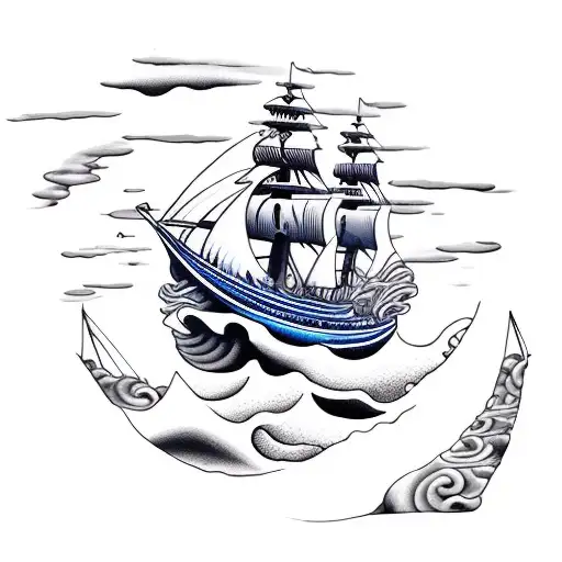 Yin Yang Pirate Ship Ocean Waves Mountain