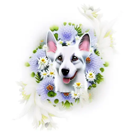 White Swiss Shepherd Dog With Edelweiss Flowers Around Him