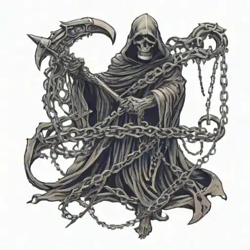 Full Body Grim Reaper Wrapped In Chains Holding A Scythe
