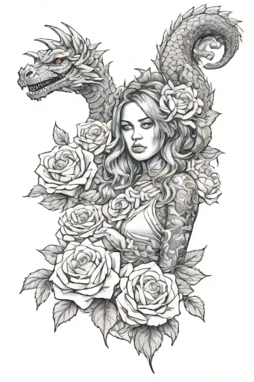 A Realistic Portrait Of A Woman Surrounded By Roses And Dragon