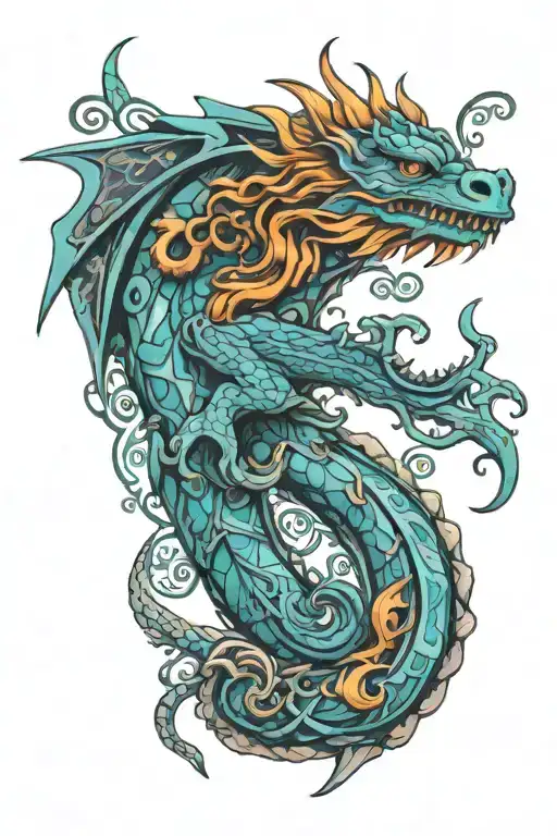 Aquarius And Dragon Traditional Celtic Tattoo With Trippy Mushroom Geometrics