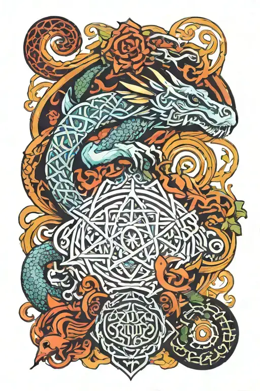 Aquarius And Dragon Traditional Celtic Tattoo With Trippy Mushroom Geometrics