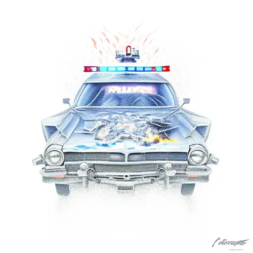 Police Car Destroyed And Burning