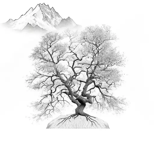 Oak Trees With Mountain Background