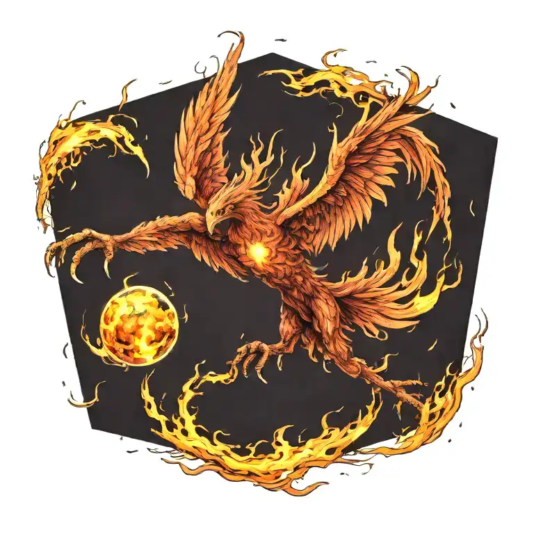 Phoenix 3 Quarter View In Attack Position Holding The Planet In Flames And Lava In Its Talons