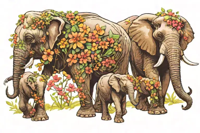 Elephant Family Of 3 Walking On Road Of Blooming Flowers