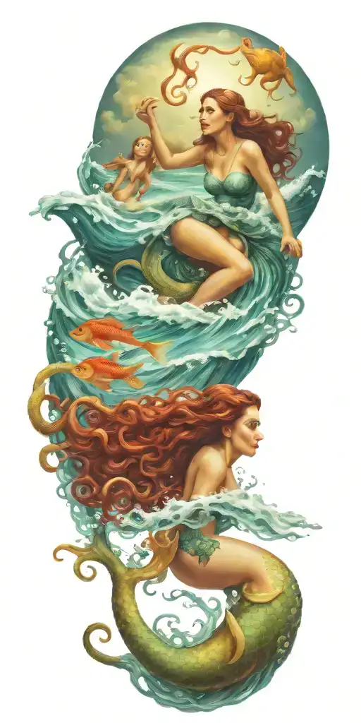 Stormy Ocean Scene Featuring Mermaids Swimming With Octopus