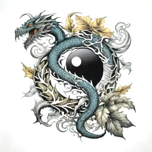 Dragon With Yin And Yang In Leaves