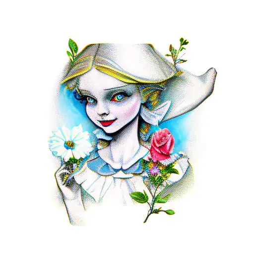 Alice In Wonderland Holding Flowers With A Background