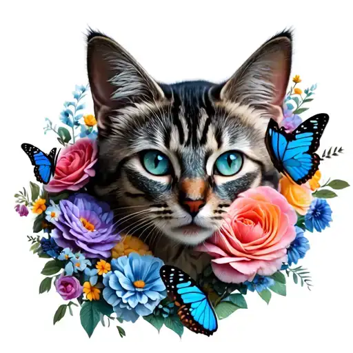 A Surreal Depiction Of A Cat Made Of Flowers With Butterflies