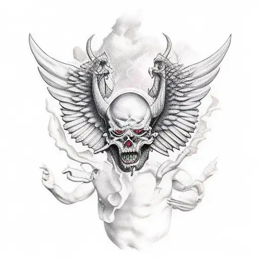 Devil Riping Out The Skin And Angel Wing Stiched To Back