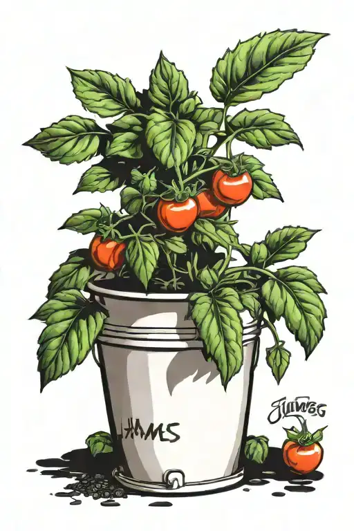 5 Gallon Bucket With A Tomato Plant Growing In The Bucket With The Name James On It