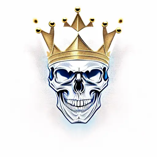 Realistic Smiling Skull With Angry Eyes And A Golden Crown Which Is Tilted Right On Its Head