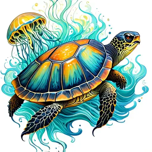 Turtle With Flowy Waves And Jellyfish Around It