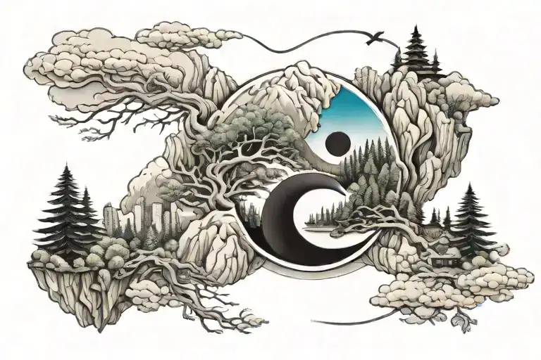 Yin Yang Representing The Mountain With Forest And The City With Buildings
