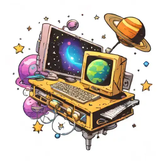 A Cartoon Mac Computer Floating In Space Surrounded By Stars And Planets