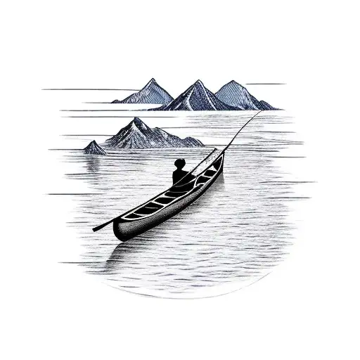 2 People Fishing On Canoe In Lake With Moutains In The Background