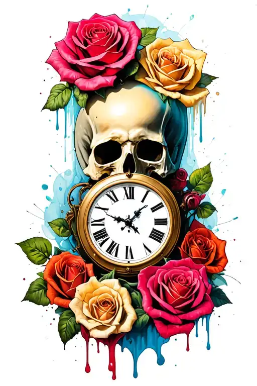 Rose Clock Melting Skull Surrounded