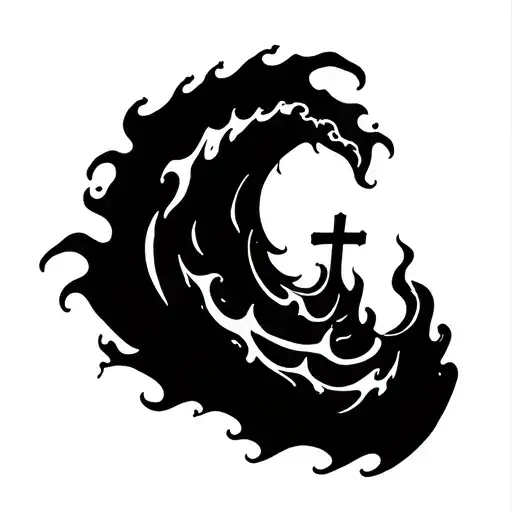 Waves And Flames With A Cross Intertwined