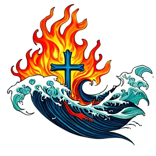 Waves And Flames With A Cross Intertwined