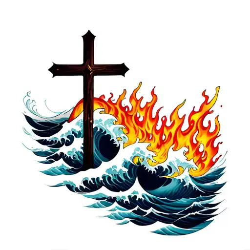 Waves And Flames With A Cross Intertwined