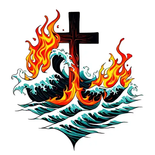 Waves And Flames With A Cross Surrounded